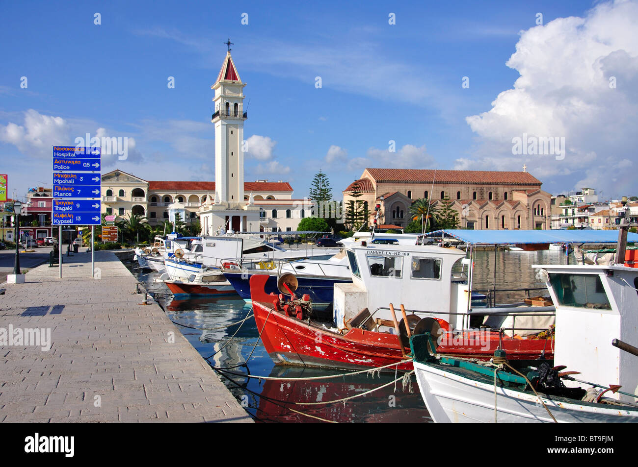 Harbour view showing Venetian Bell Tower, Zakynthos Town, Zakynthos, Ionian Islands, Greece Stock Photo