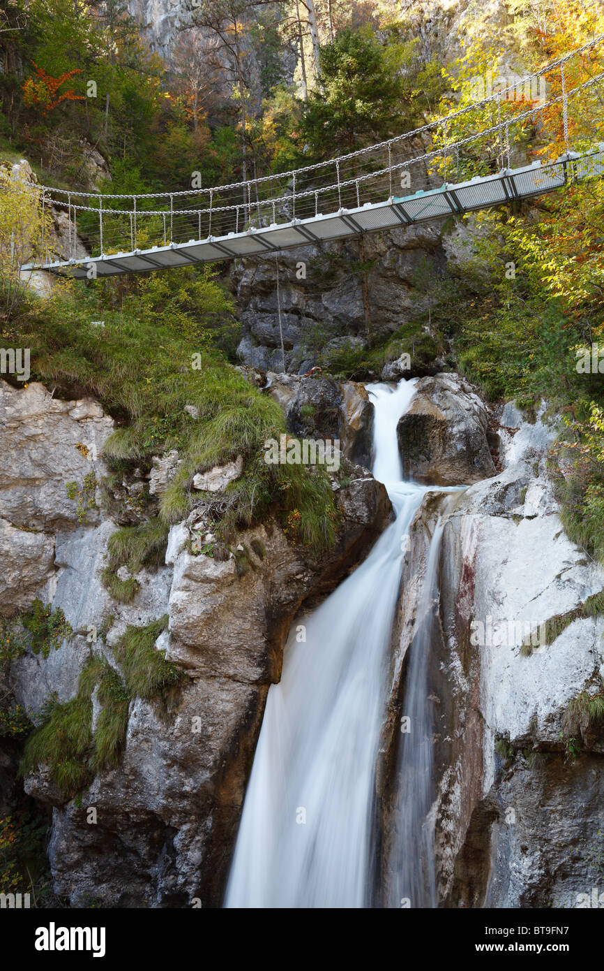Chain bridge crossing the Tschauko Waterfall, Tscheppaschlucht Gorge, Loibltal Valley, Karawanken, Carinthia, Austria, Europe Stock Photo