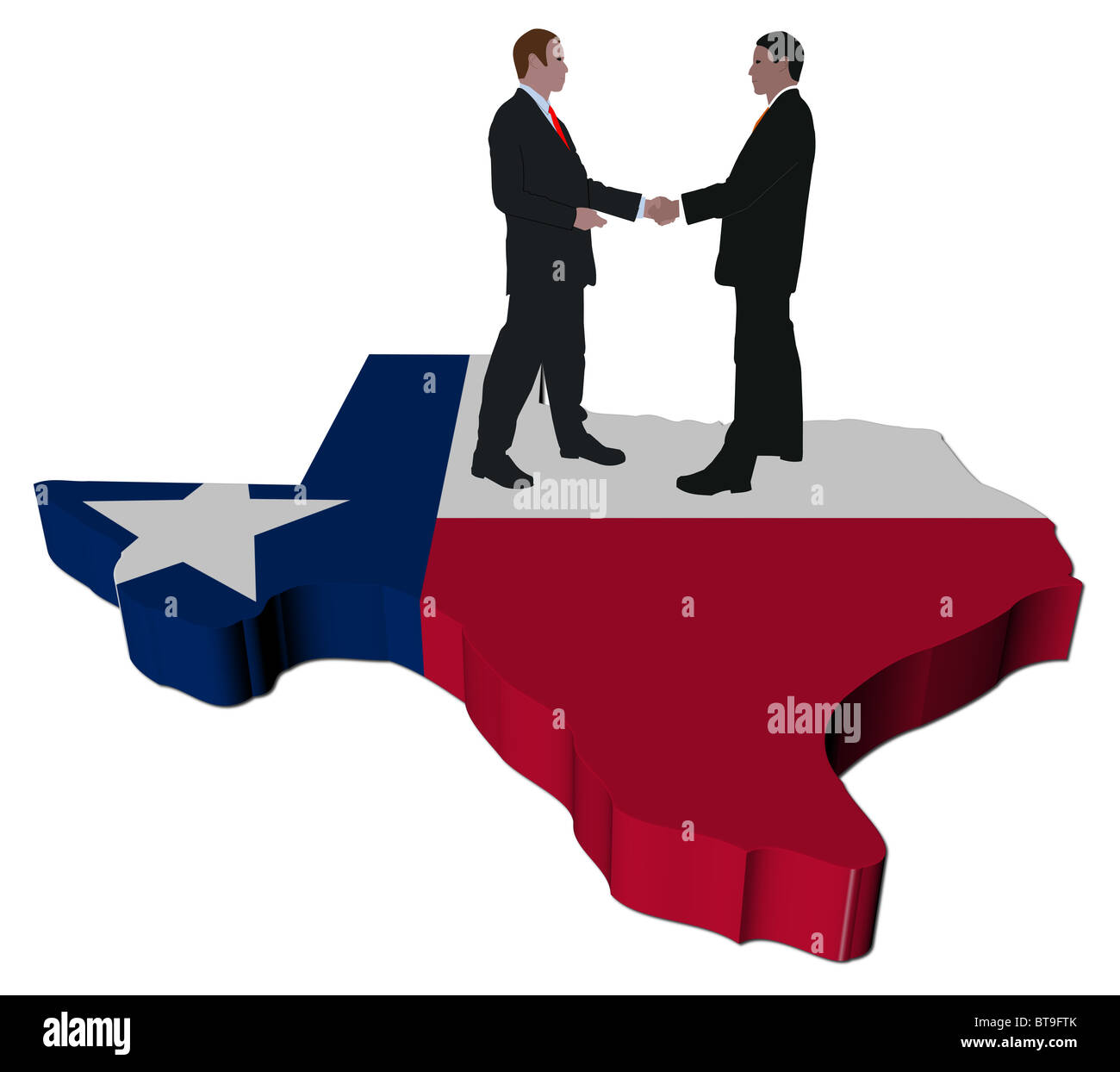 Business people shaking hands on Texas map flag illustration Stock Photo