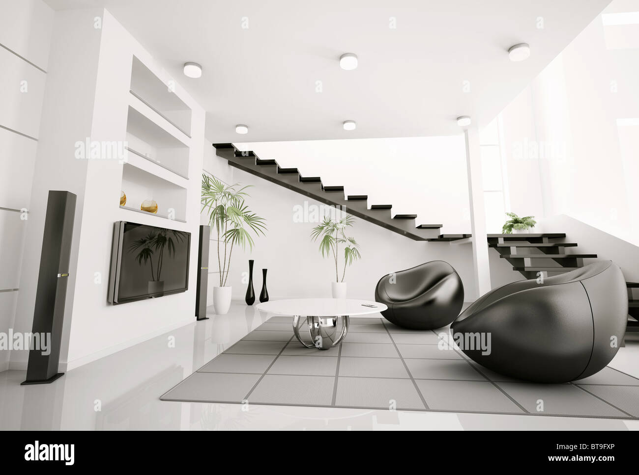 Living room interior black armchairs and lcd 3d render Stock Photo - Alamy