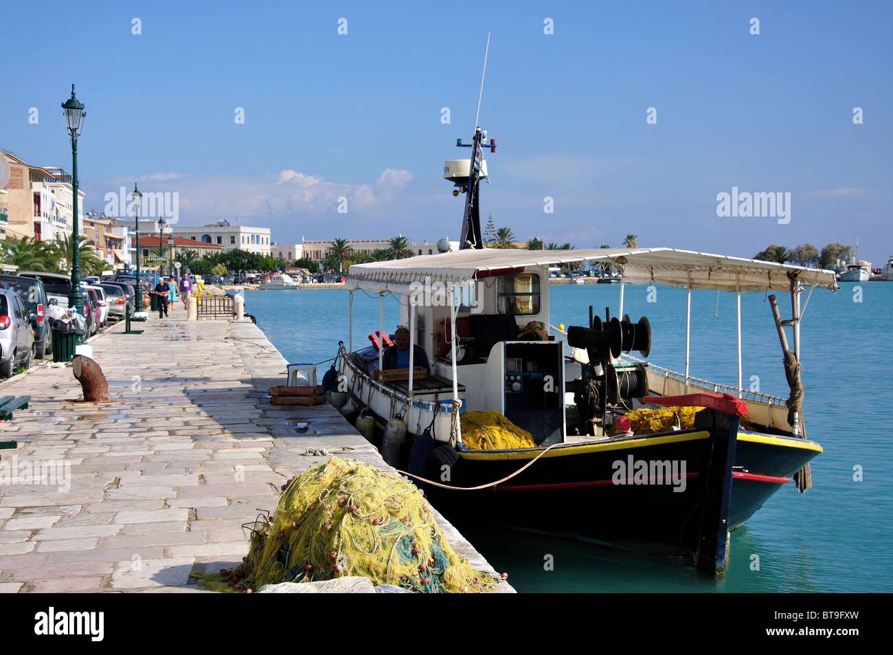Fishing boat on harbour promenade, Zakynthos Town, Zakynthos, Ionian Islands, Greece Stock Photo