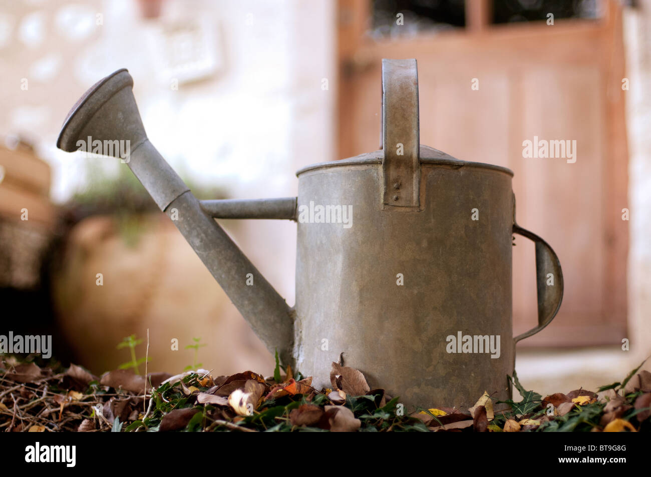 A metal watering can, outdoors Stock Photo Alamy