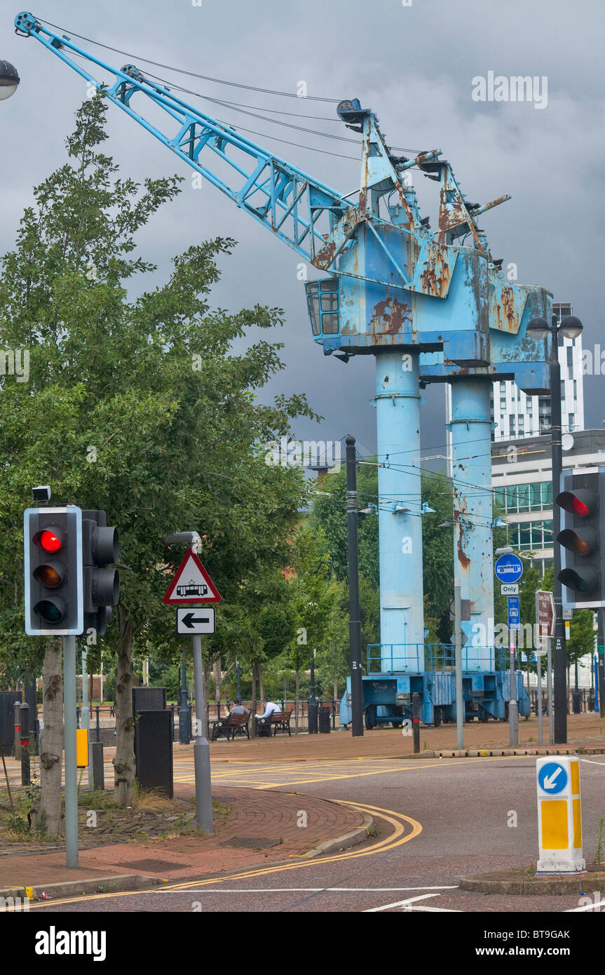 Blue dock cranes Salford Quays on the Manchester Ship Canal Stock Photo