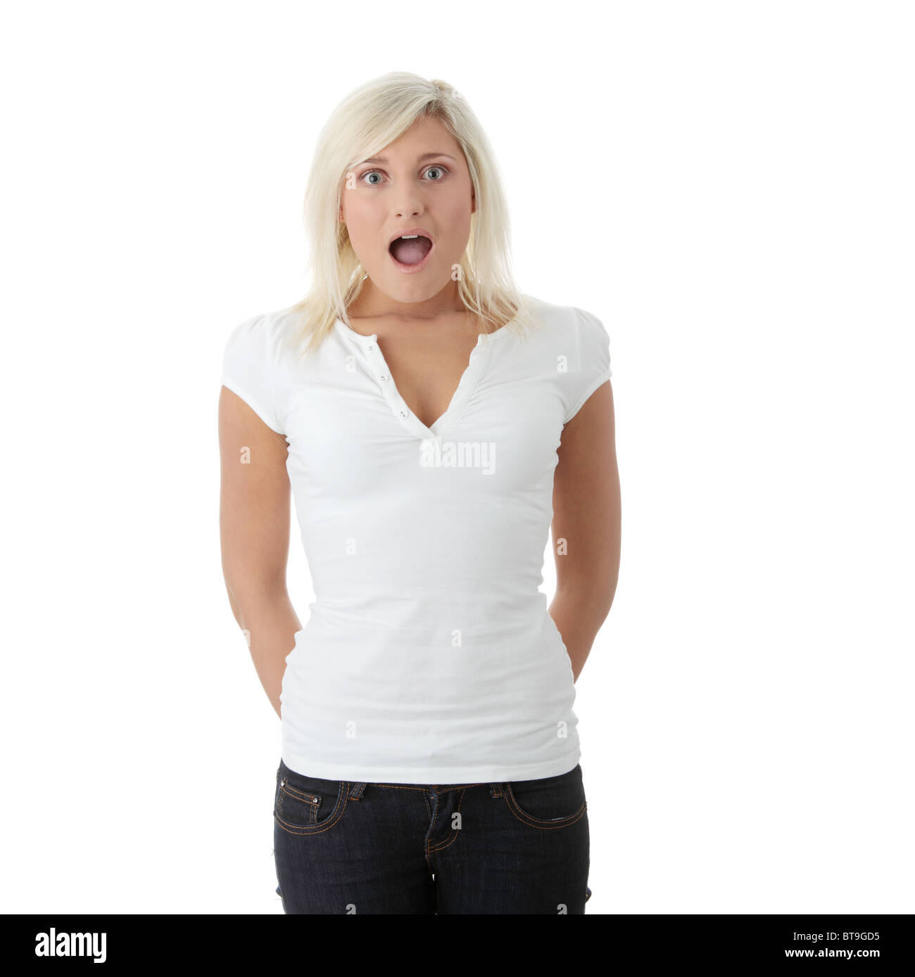 Surprised woman portrait isolated over a white background Stock Photo ...