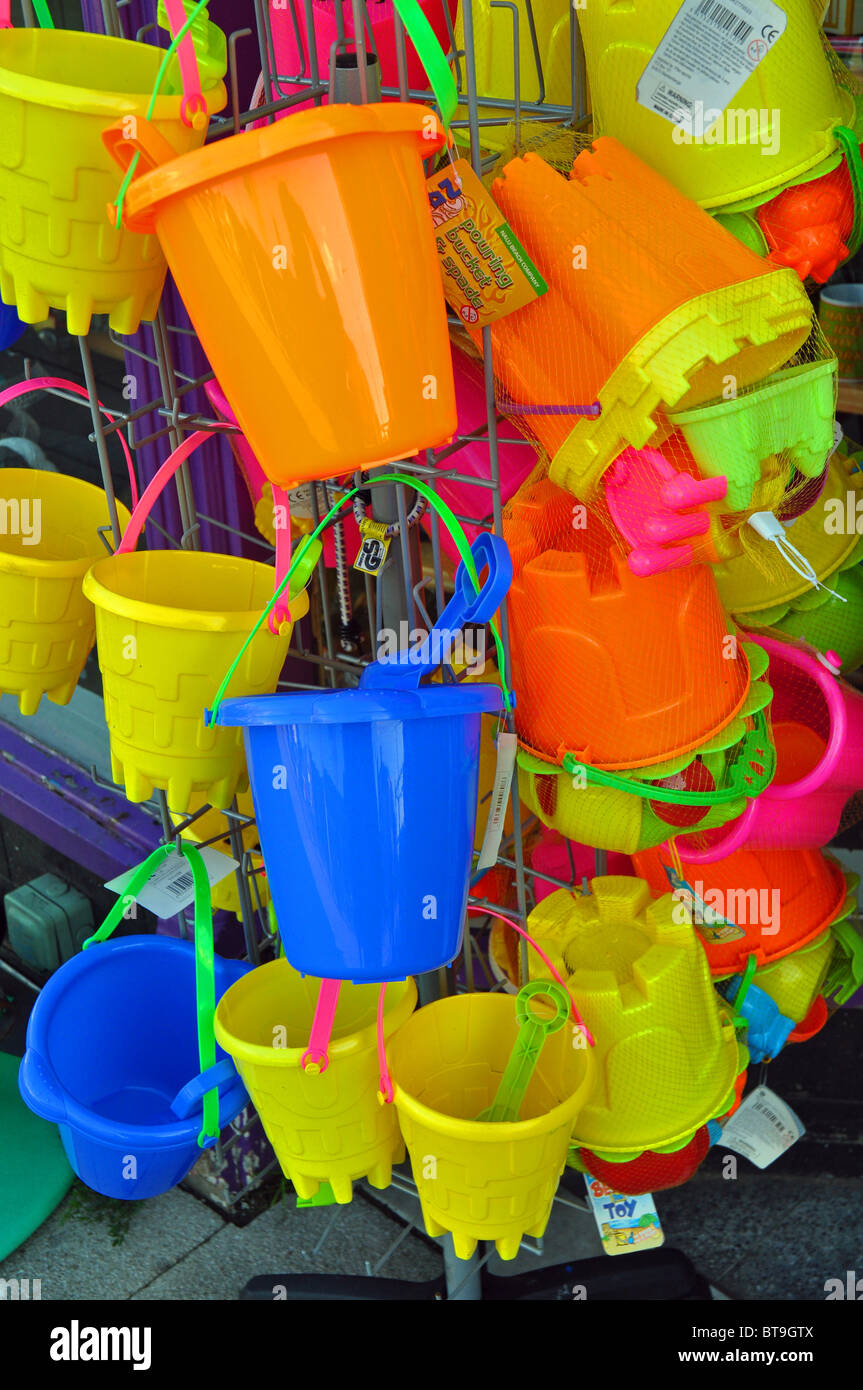 Lowestoft, Suffolk, England: buckets on sale for the beach Stock Photo