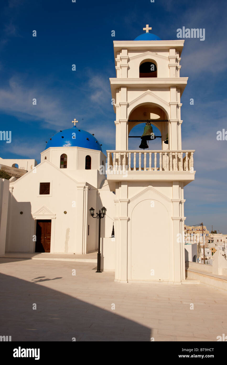 Blue Domed church of Imerovigli, Santorini, Greece. Stock Photo