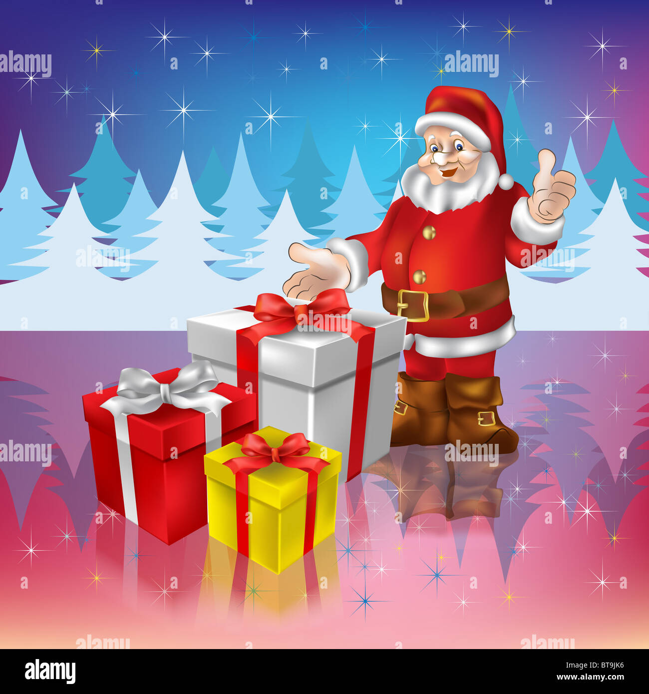 Santa Claus with christmas gifts on a woods background Stock Photo - Alamy
