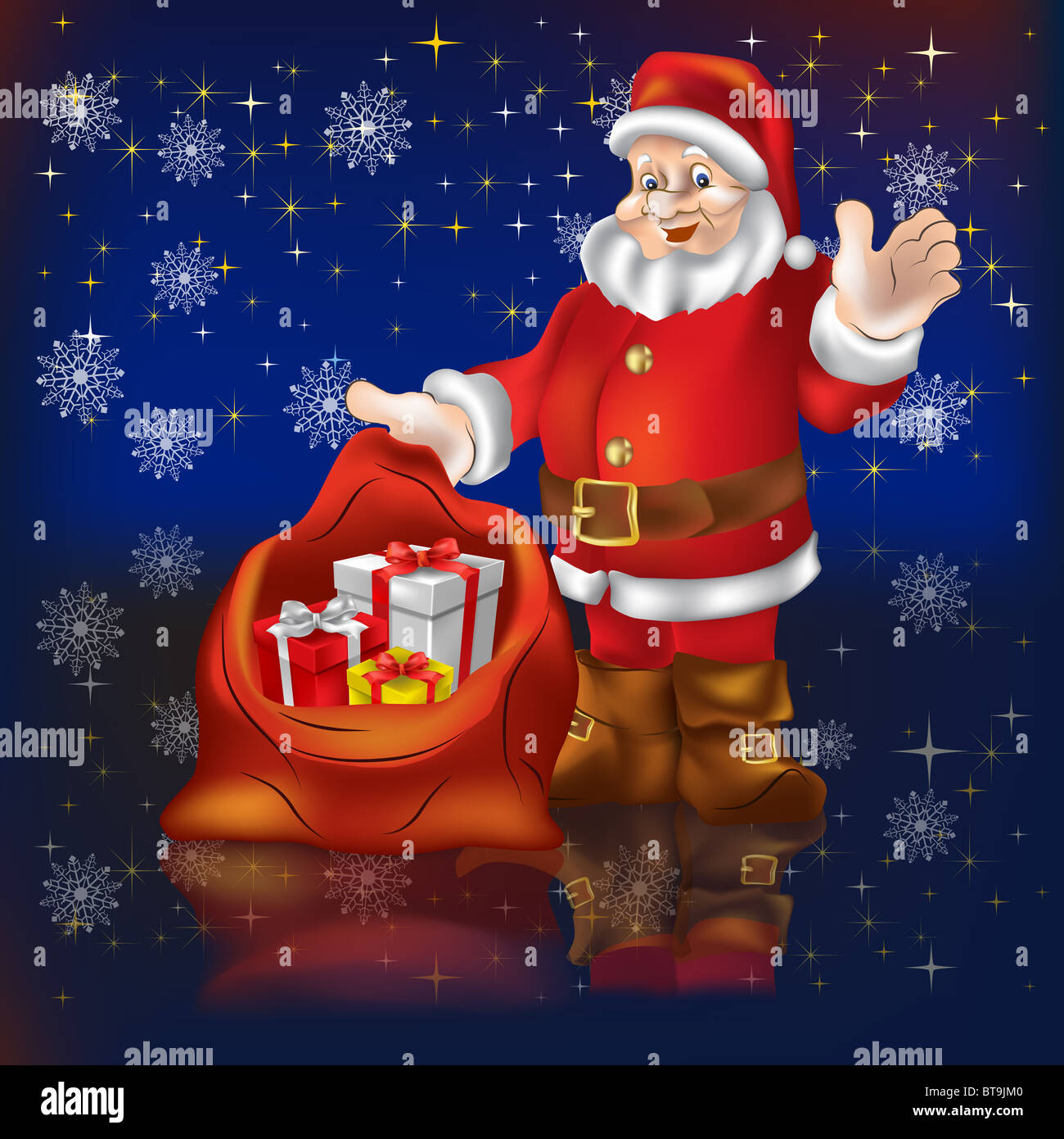Santa Claus with gifts on a black background Stock Photo - Alamy