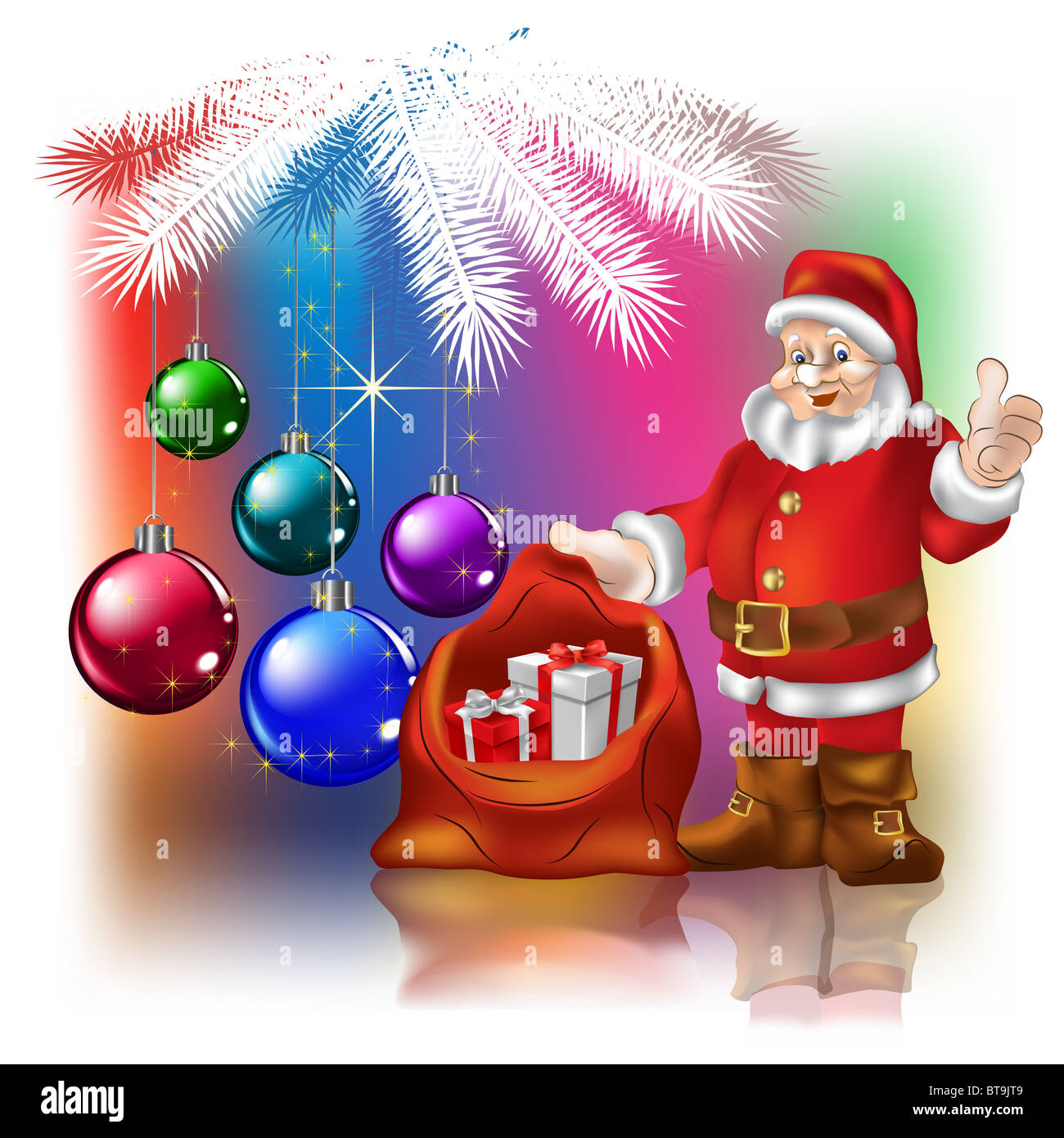 Santa Claus with christmas gifts on a colored background Stock Photo ...