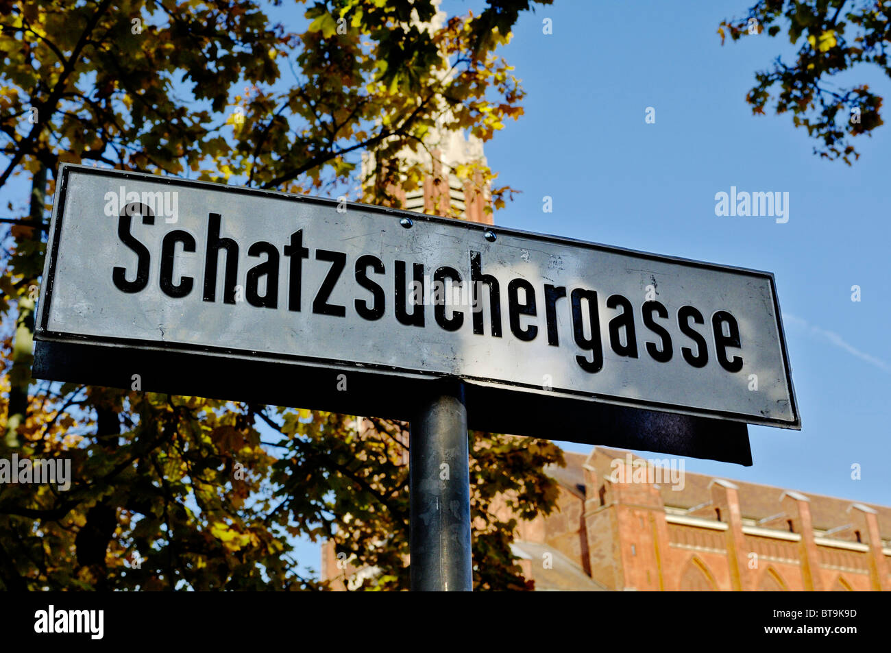 Sign Schatzsuchergasse lane, Auer Dult fair, Munich, Bavaria, Germany, Europe Stock Photo