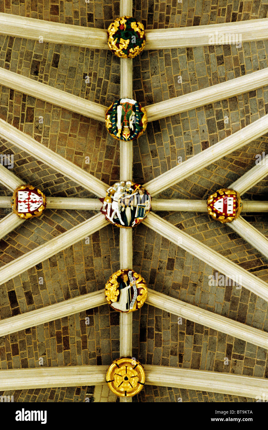 Exeter Cathedral nave roof bosses and vault Devon England UK English medieval cathedrals boss rib ribs interior interiors vaults Stock Photo