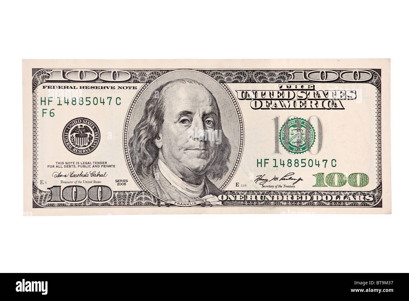 A view of a front of 100 US dollar bill Stock Photo