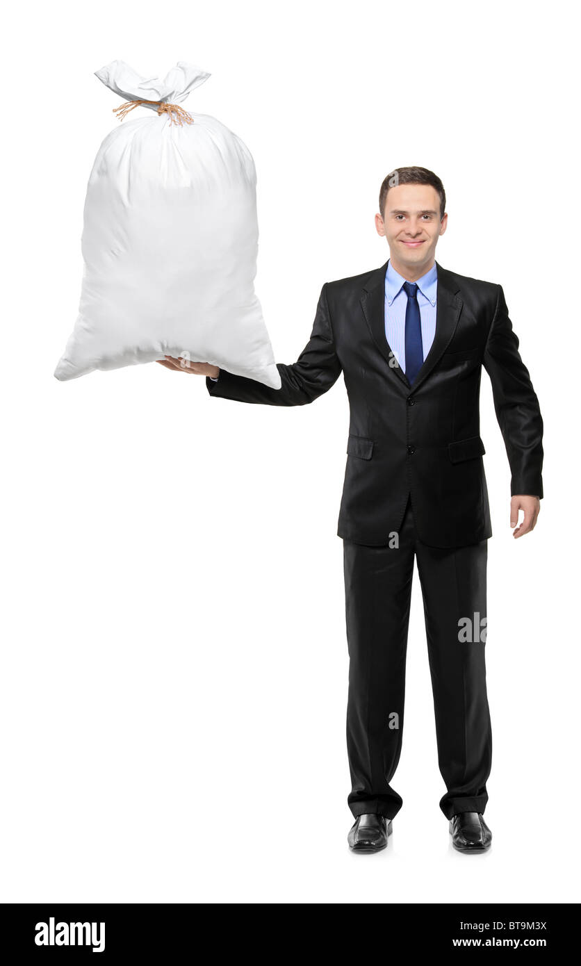 Full length portrait of a happy businessman holding a money bag Stock ...