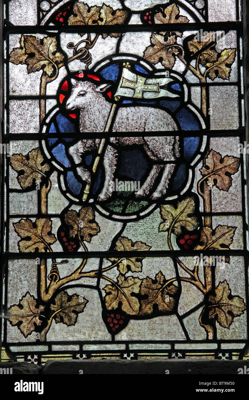 A stained glass window depicting the Angus Dei, Parish Church of St Mary the Virgin, Luccombe, Somerset Stock Photo