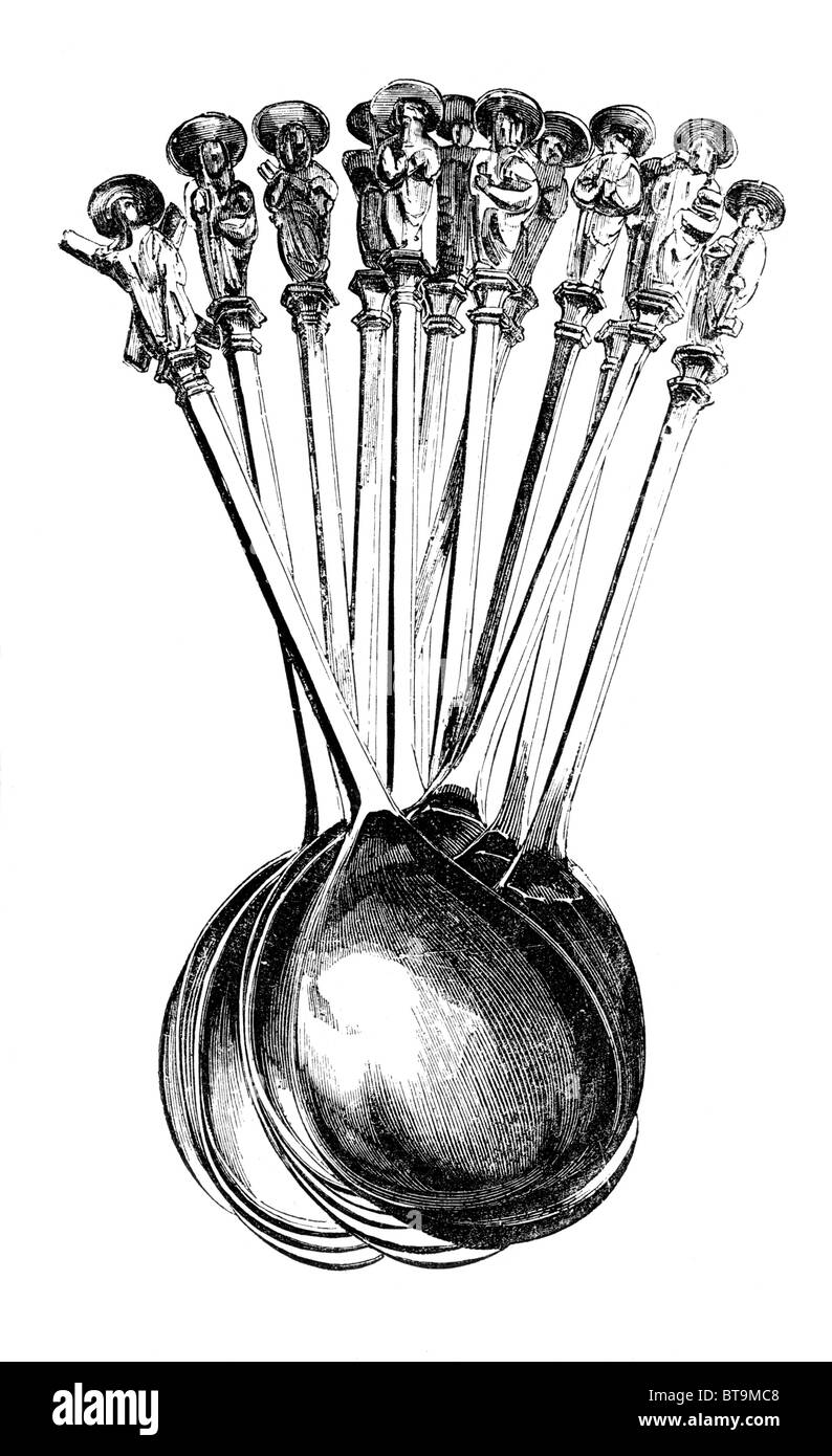 A set of Apostle's Spoons; Black and White Illustration from William Hone's Everyday Book Stock Photo