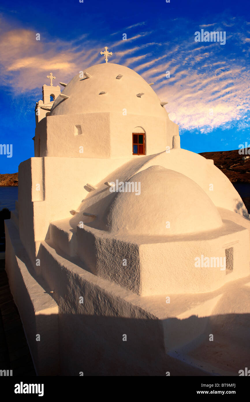 The Byzantine church of Agia Irene on the harbour of Ormos, Ios, Cyclades Islands, Greece Stock Photo