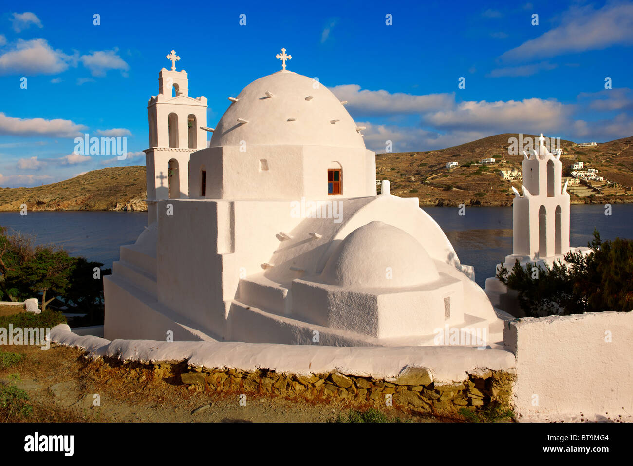 The Byzantine church of Agia Irene on the harbour of Ormos, Ios, Cyclades Islands, Greece Stock Photo