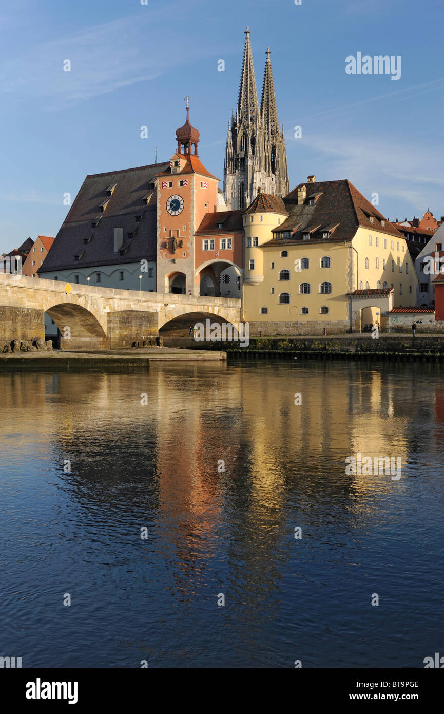 historical old UNESCO town Regensburg in Germany with landmarks stone ...