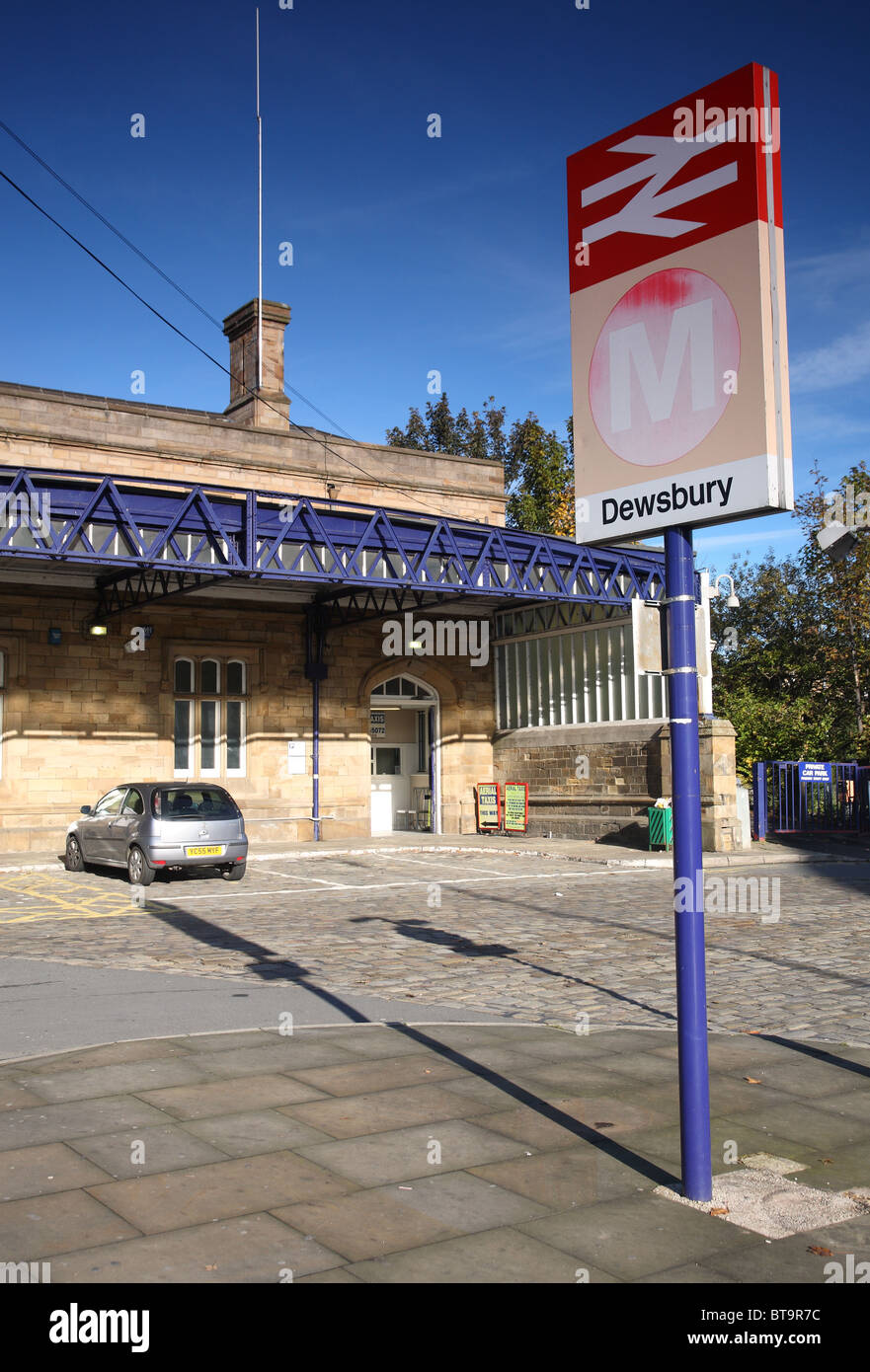 Dewsbury train station sign Stock Photo