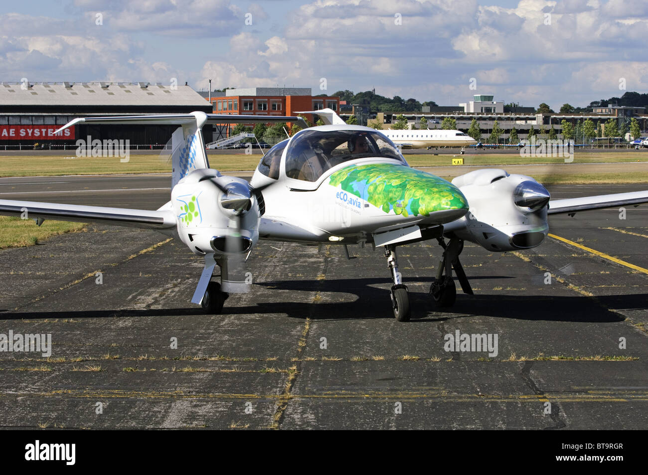 Diamond DA-42 Twin Star bio-fuel demonstrator aircraft taxiing in after displaying at Farnborough Airshow 2010 Stock Photo