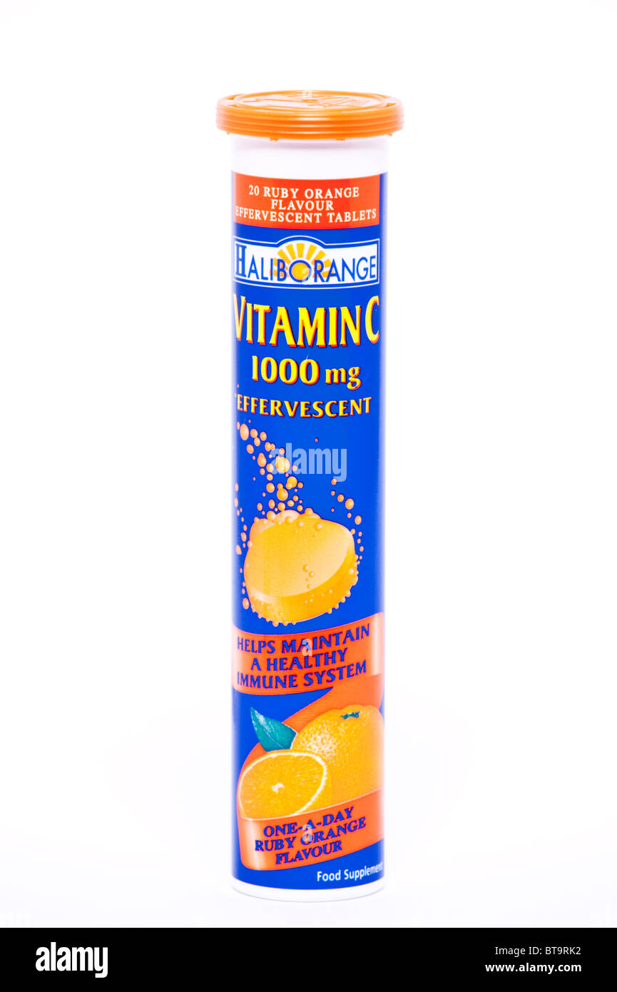 A pack of effervescent vitamin C orange flavour dissolvable tablets on a white background Stock Photo