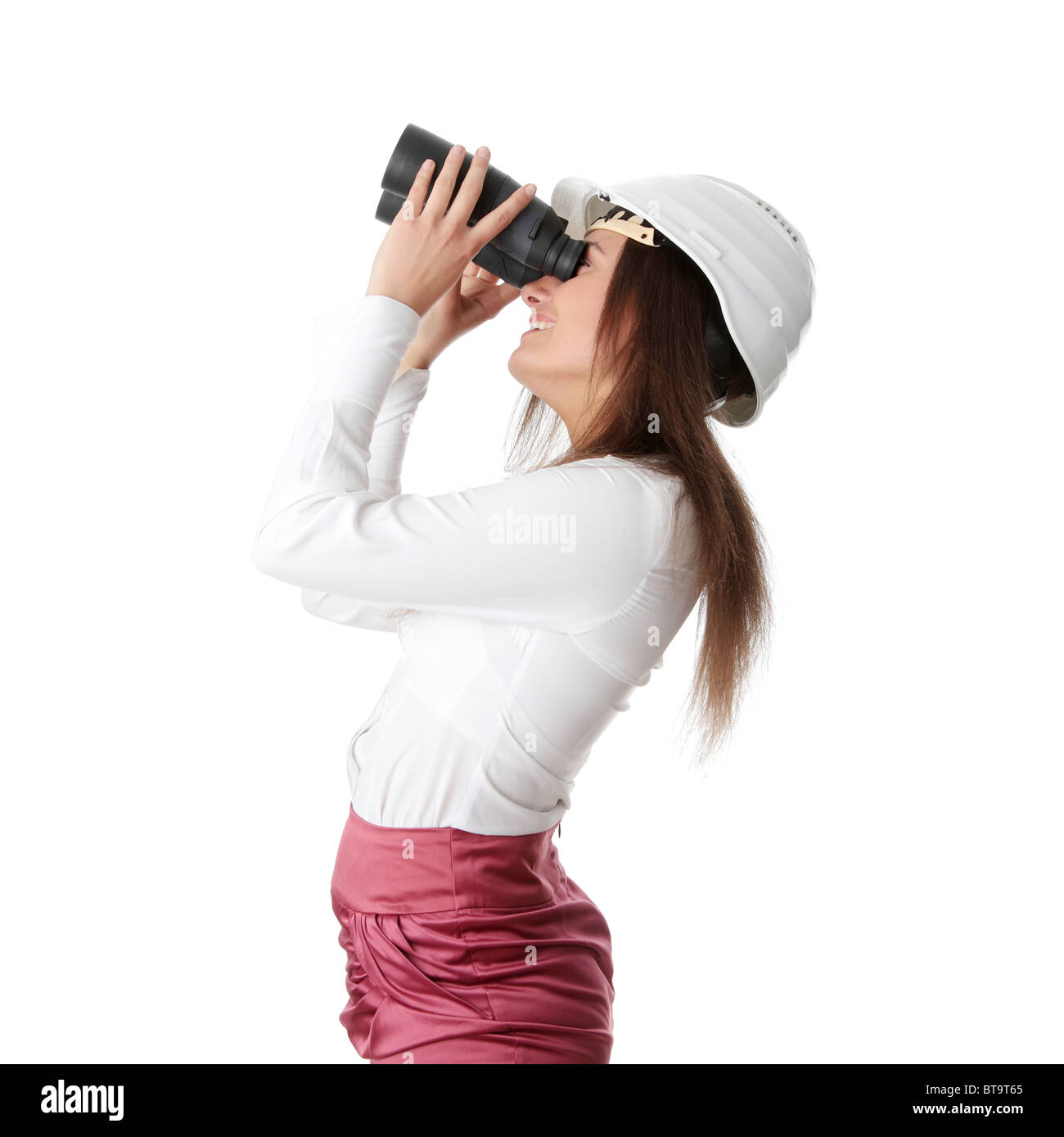 Business vision concept, enginer woman looking throught binoculars, isolated on white Stock Photo