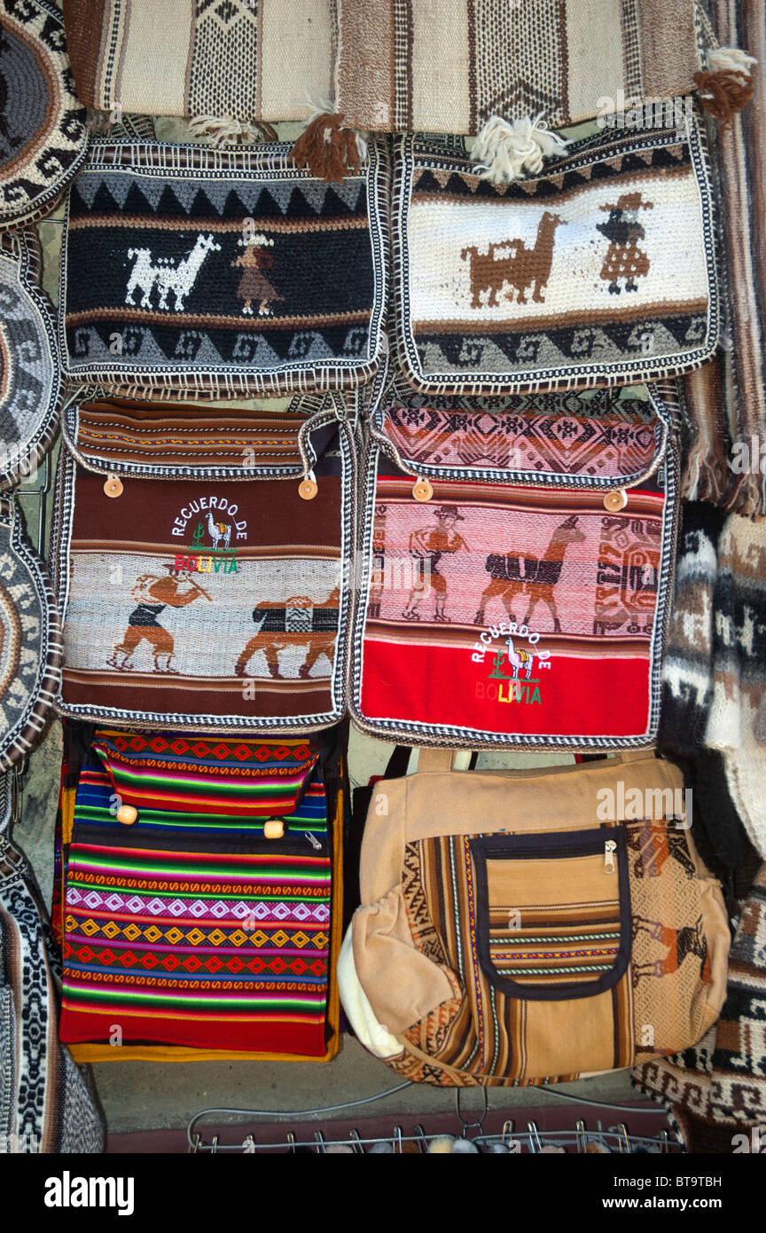 Hand crafted bags and tourist items, made from llama wool, in the Witches Market, La Paz, Bolivia. Stock Photo