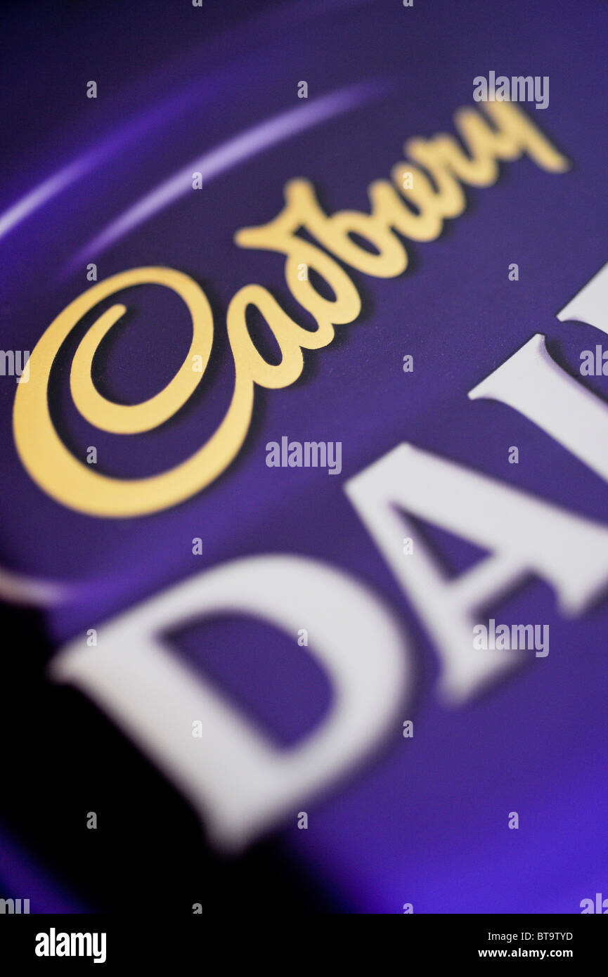 Detail of Cadbury's chocolate Dairy Milk and Logo Stock Photo