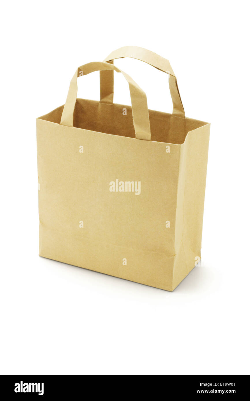 Brown empty paper bag on white background Stock Photo