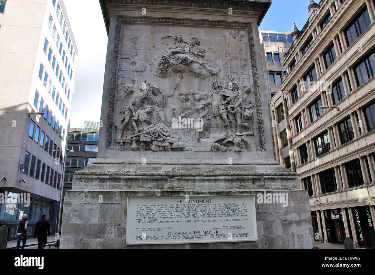'The Great Fire of London' inscription on The Monument Tower, City of London, Greater London, England, United Kingdom Stock Photo