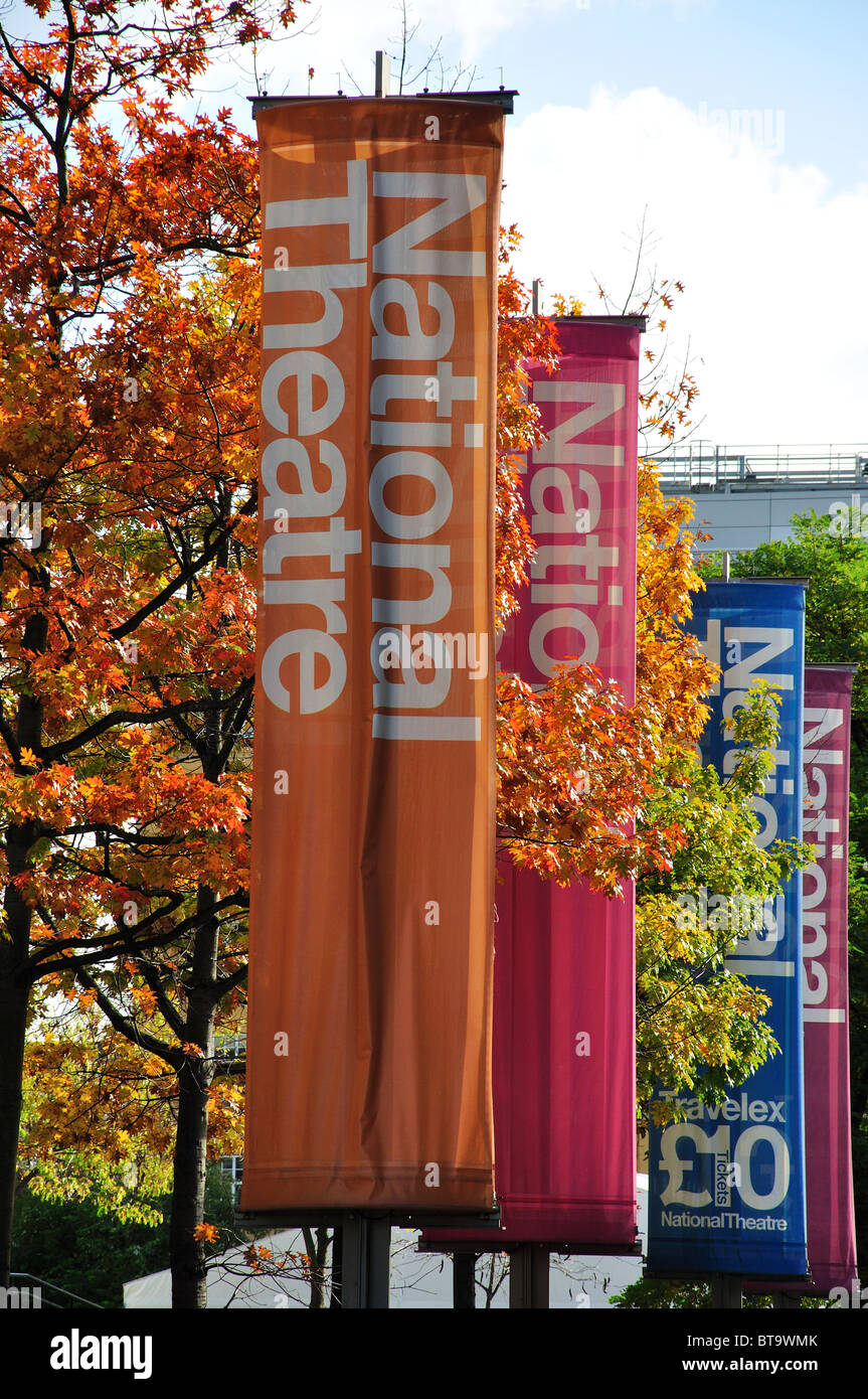National Theatre banners, South Bank, The London Borough of Lambeth, Greater London, England, United Kingdom Stock Photo