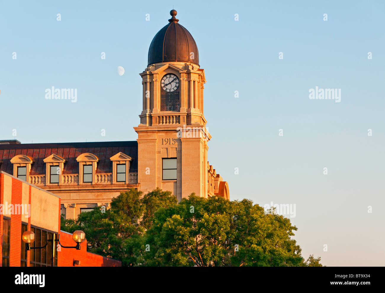 A low angle view of the Lethbridge, Alberta post office clock tower