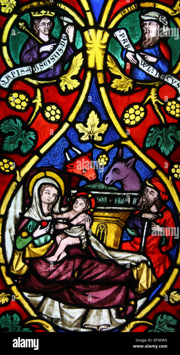 Stained glass panel with a scene of the nativity (14th century). Museum of Architecture, Wroclaw. Stock Photo