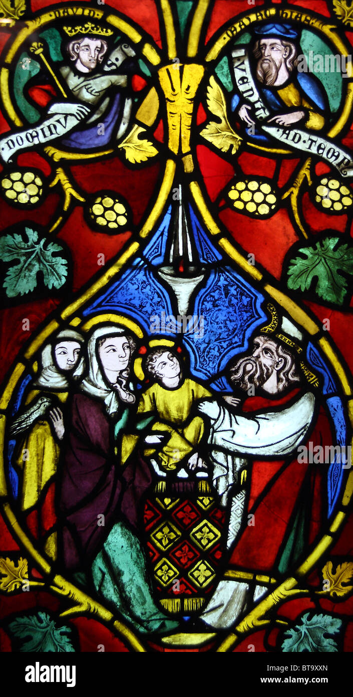 Stained glass panel. Offertory in temple. (14th century). Museum of Architecture, Wroclaw. Stock Photo