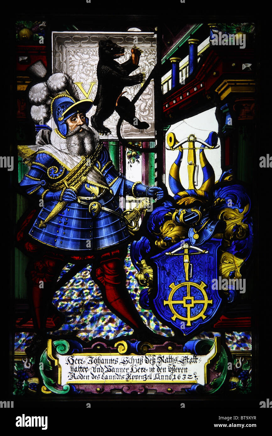 Stained glass panel with Johannes Schuss's coat of arms (1632). Museum of Architecture, Wroclaw. Stock Photo
