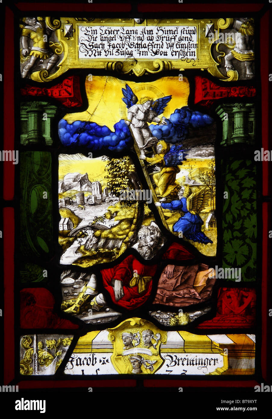 Stained glass panel with a biblical scene of Jacob sleeping (1573). Museum of Architecture, Wroclaw. Stock Photo