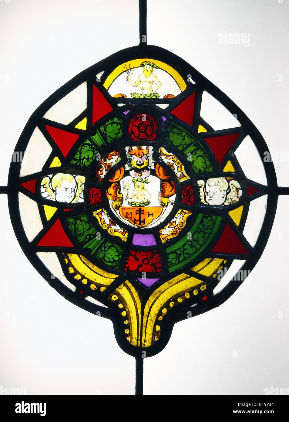 Stained glass roundel with a middle class coat of arms (around 1600). Museum of Architecture, Wroclaw. Stock Photo
