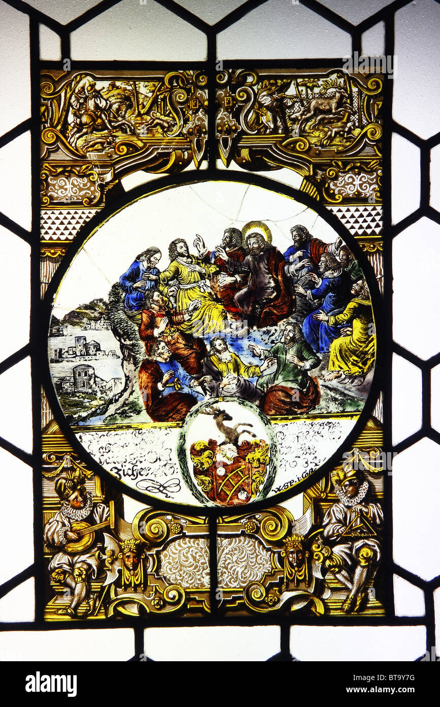 Stained glass panel with a scene - Sermon on the mountain - in 'honeycomb' type glazing. (1684). Museum of Architecture, Wroclaw Stock Photo