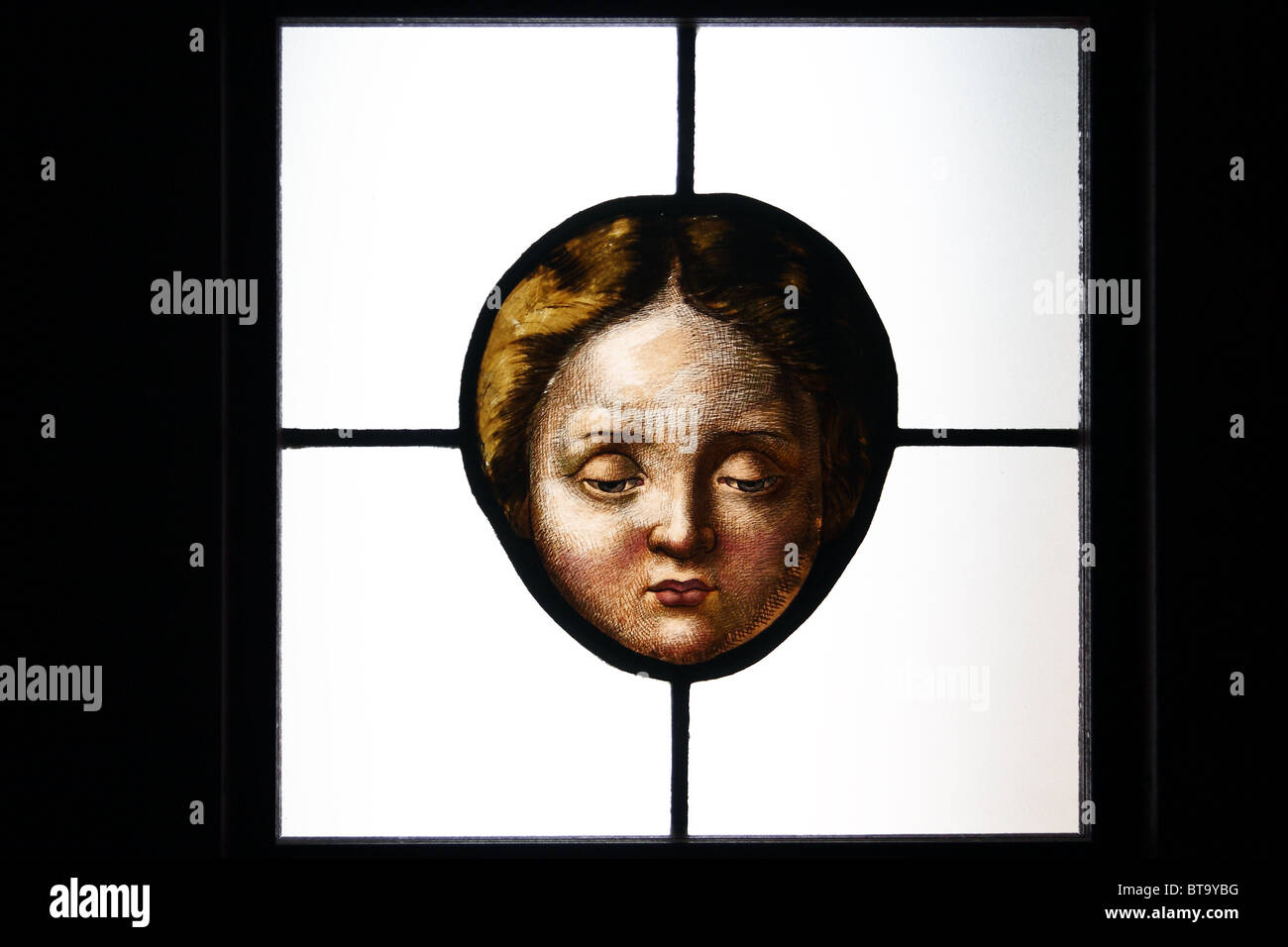 Stained glass panel (detail). Head of a child (around mid 19th century). Museum of Architecture, Wroclaw. Stock Photo