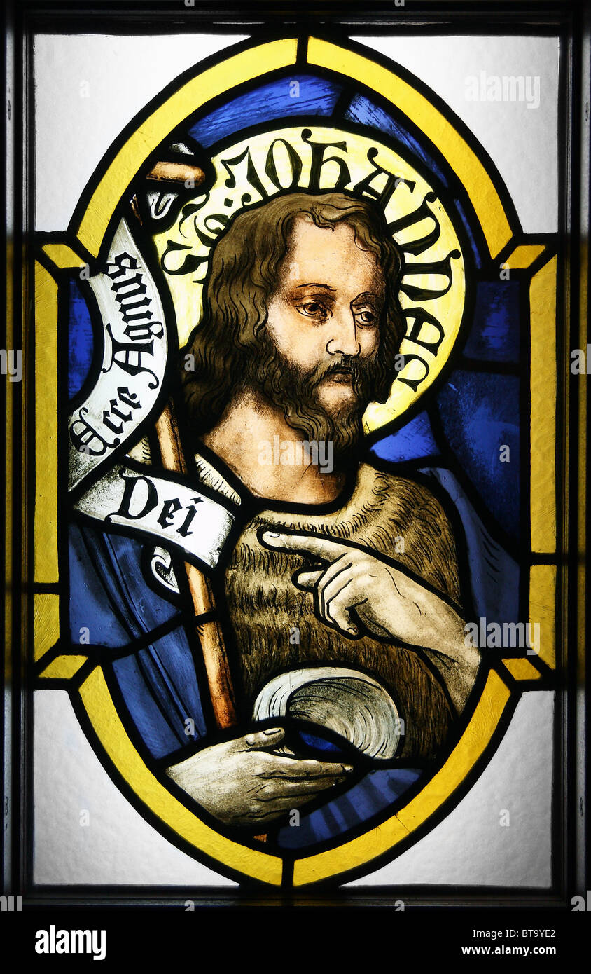 Stained glass panel (detail). Medalion with a bust of St. John the Baptist (2nd half of 19th century). Museum of Architecture Stock Photo