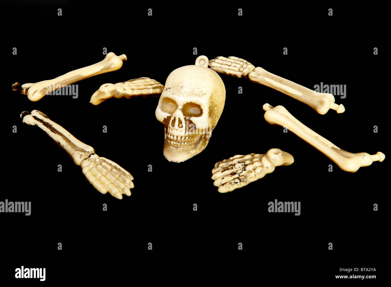 plastic human skull and bones isolated on black background Stock Photo