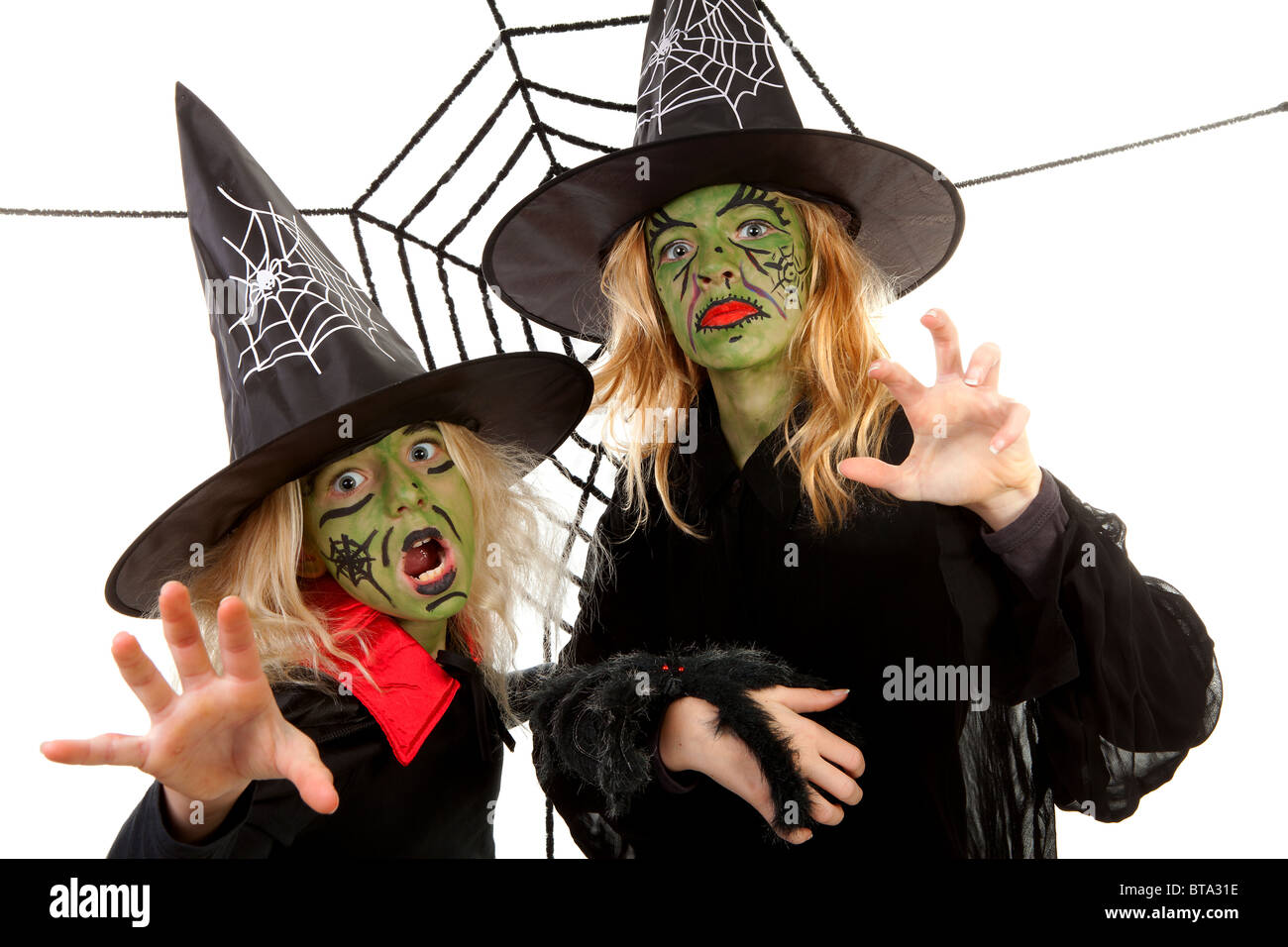 Scary green witches for Halloween with spiderweb over white background Stock Photo