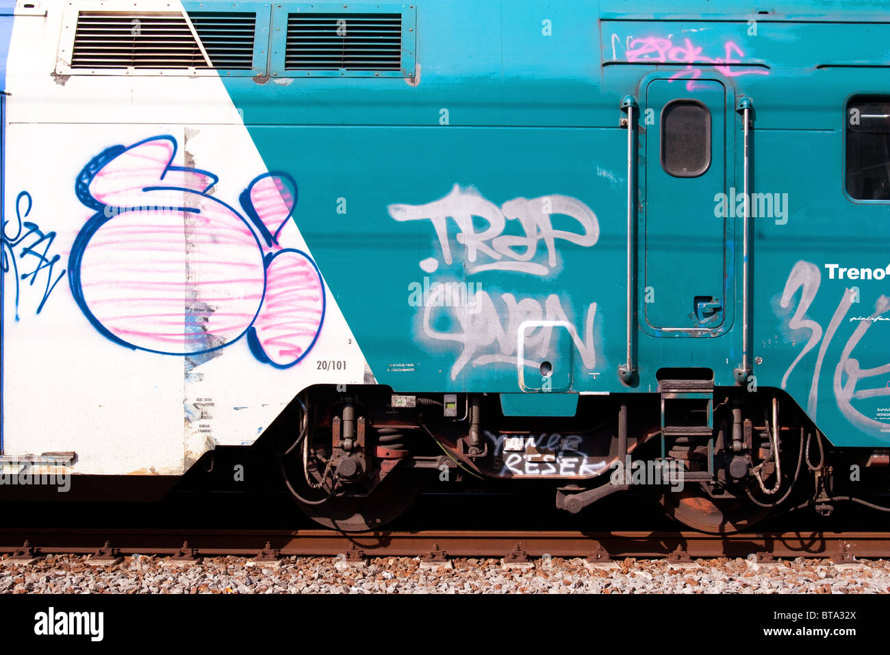 train metro city town Rome Italy graffity art road trains Graffity art wagon metro underground urban city town Rome Italy Europe Stock Photo