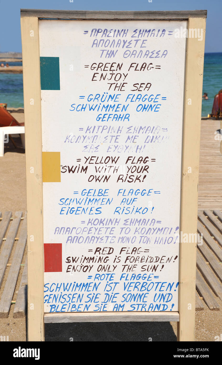 Beach sign in the English and German languages explaining the green, yellow and red flag swimming instructions. Stock Photo