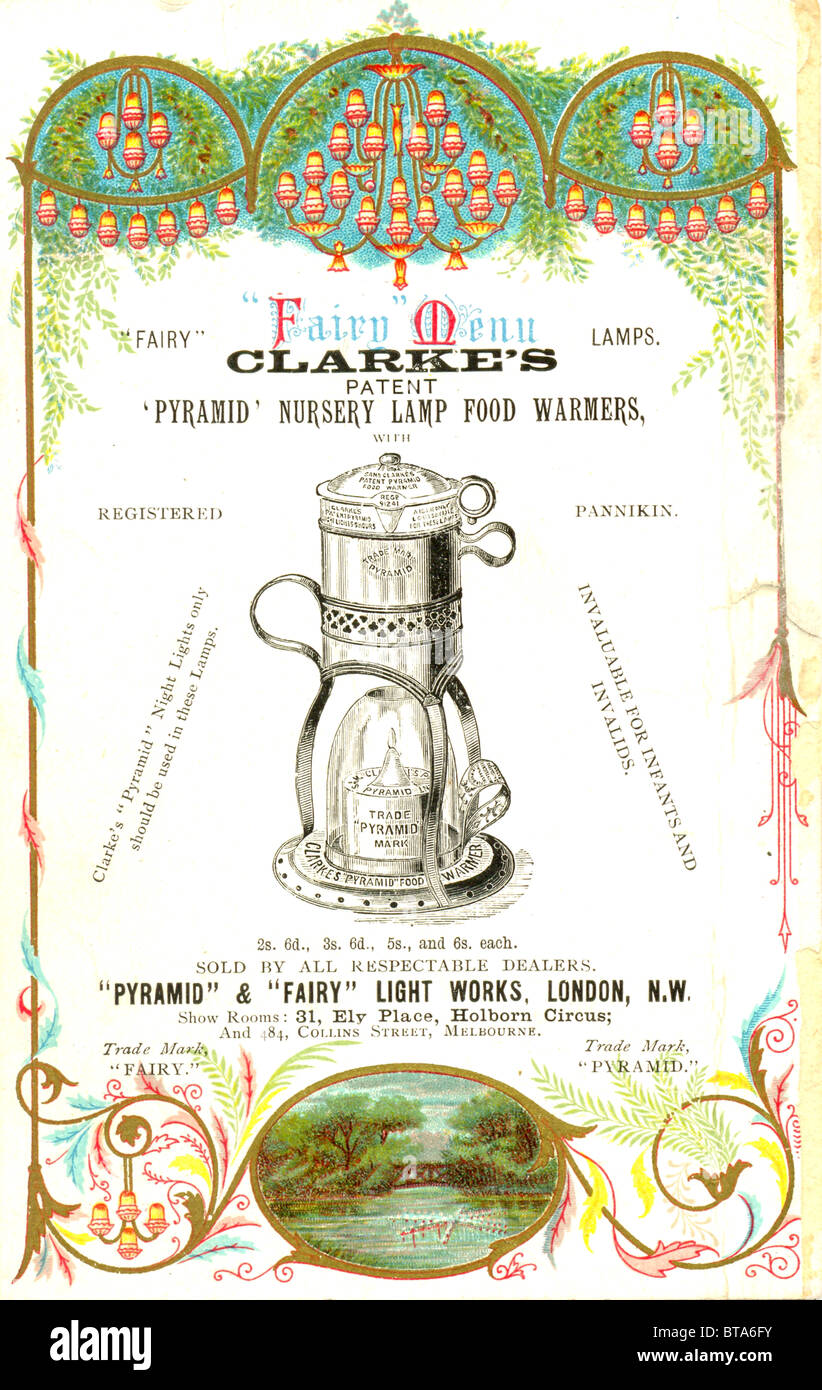 advertisement for Clarke's 'Pyramid' Nursery Lamp Food Warmers Stock Photo