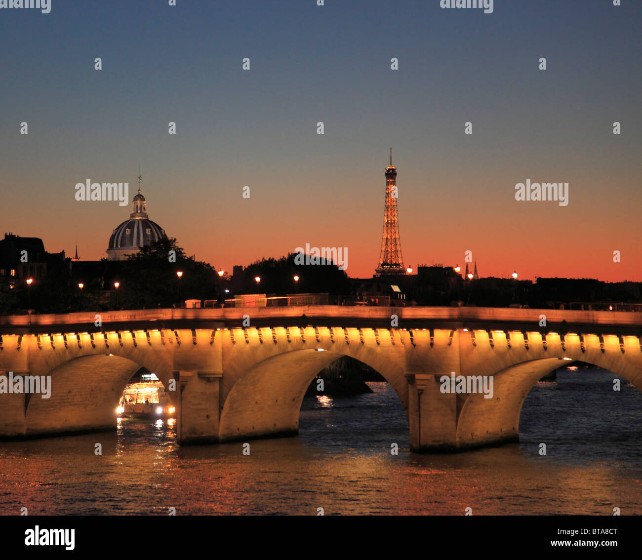 France, Paris, Pont Neuf bridge, Seine River, Eiffel Tower, Institut de France, Stock Photo