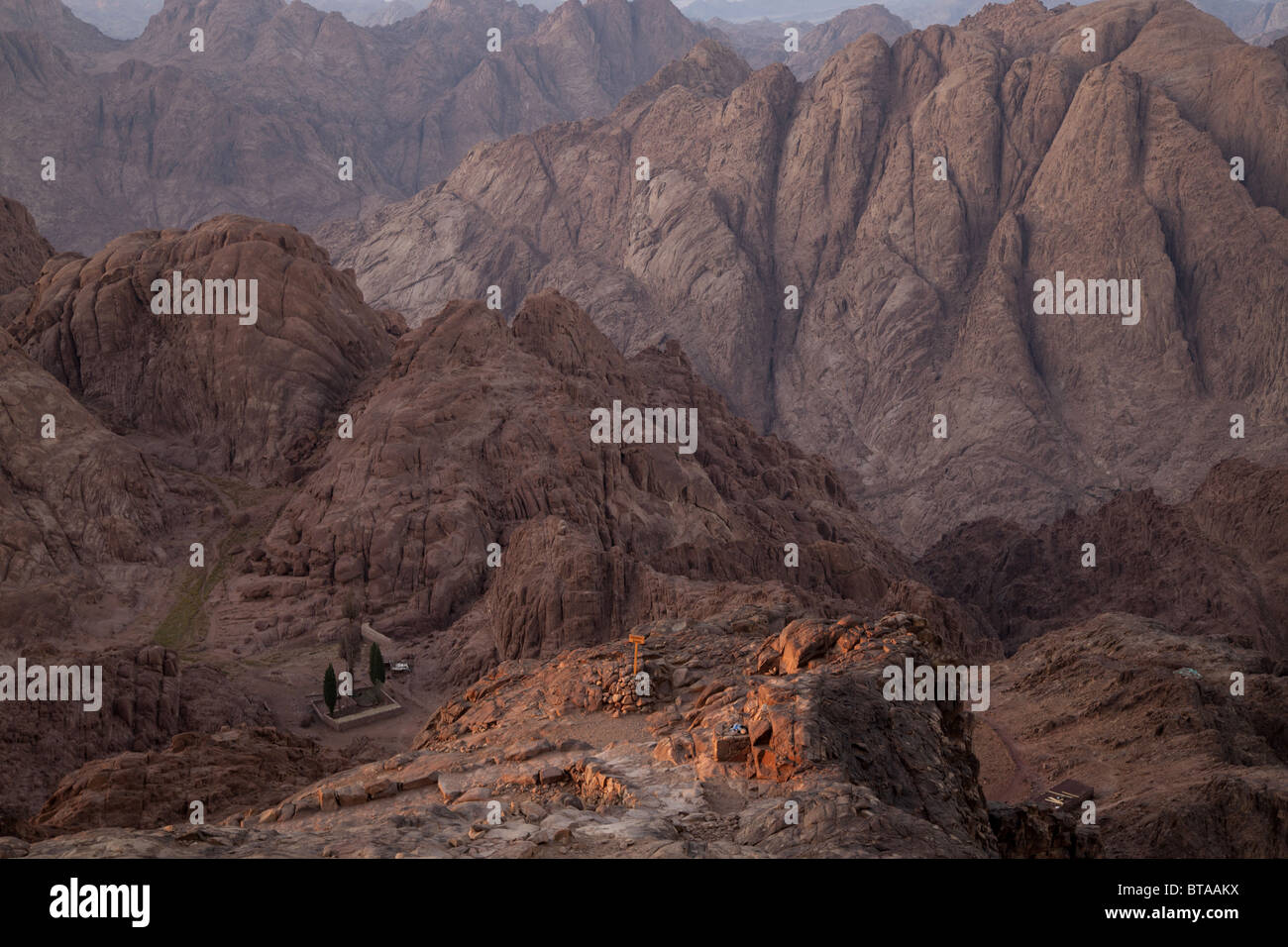 Elijah's Plateau plateau during sunset on Djebel Musa or Mount Sinai near Saint Katherine or El Miga village, Sinai, Stock Photo