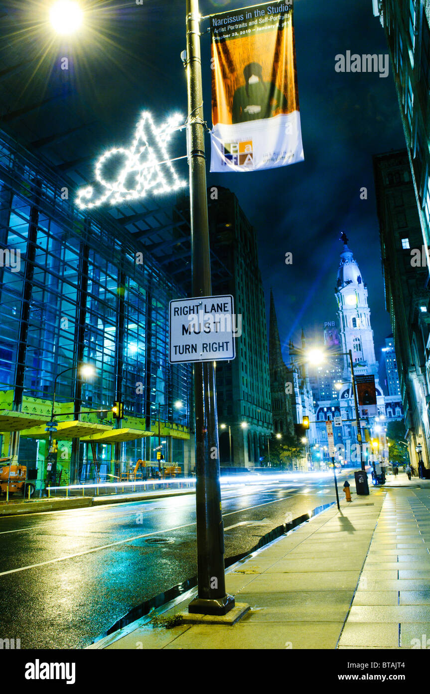 Broad Street Philadelphia at night after the rain Stock Photo