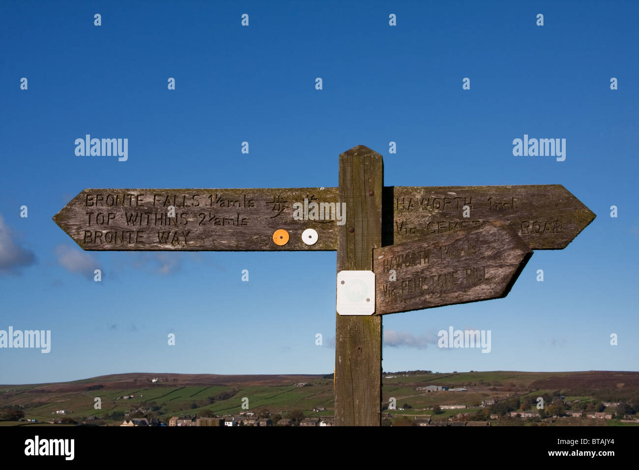 Signpost on Bronte Way near Haworth, West Yorkshire, with Japanese ...