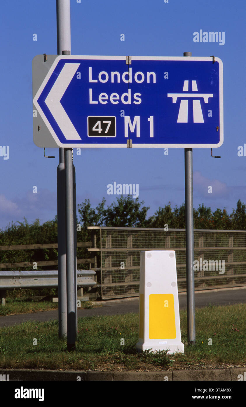 M1 motorway signpost at junction giving directions to london and leeds